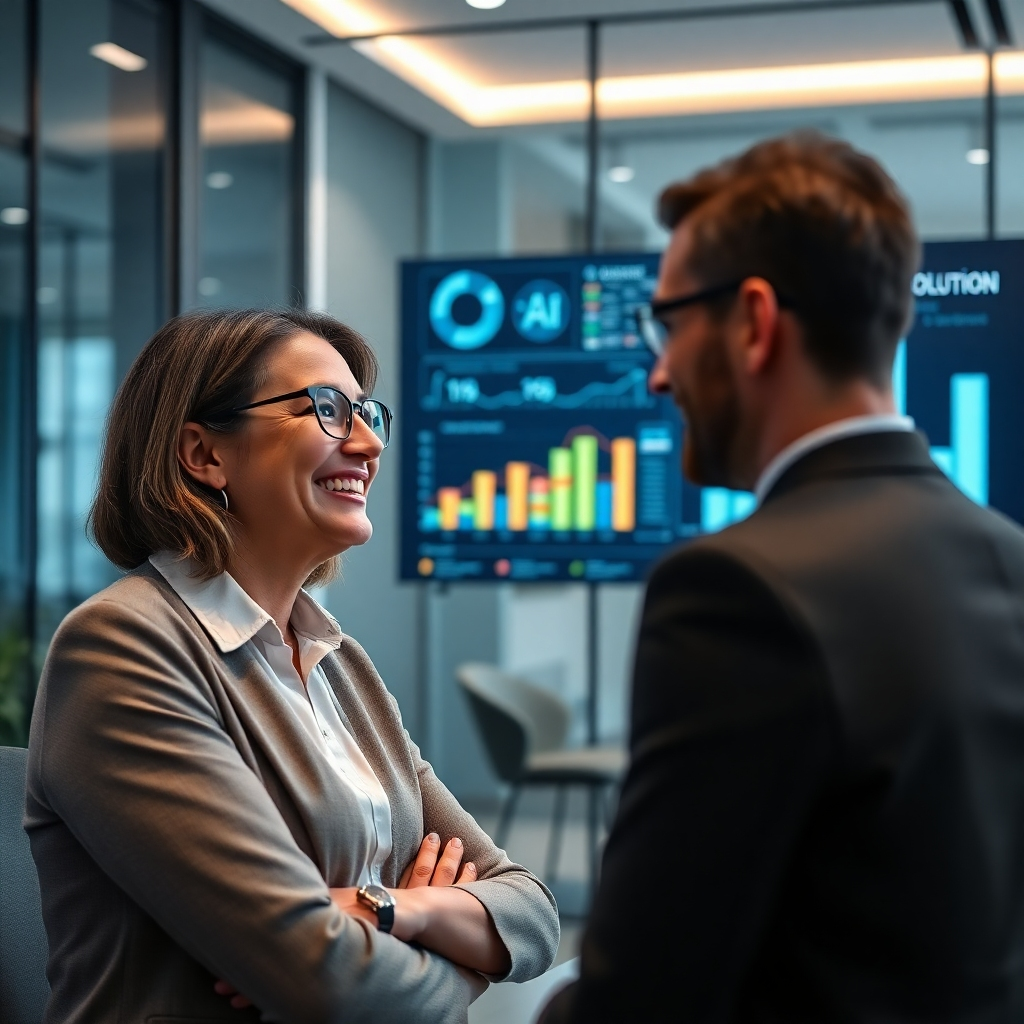 A close-up of a friendly HR consultant discussing options with a client in a sleek, modern office. Charts and graphs related to AI solutions are projected on a screen in the background, emphasizing customization and personalization.