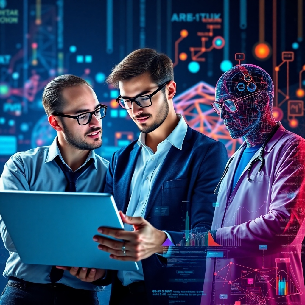 A colorful collage of professionals with various skills: an HR manager discussing strategies, a tech expert coding on a laptop, and a data scientist analyzing complex graphs. The background features elements of artificial intelligence like neural networks and digital interfaces.