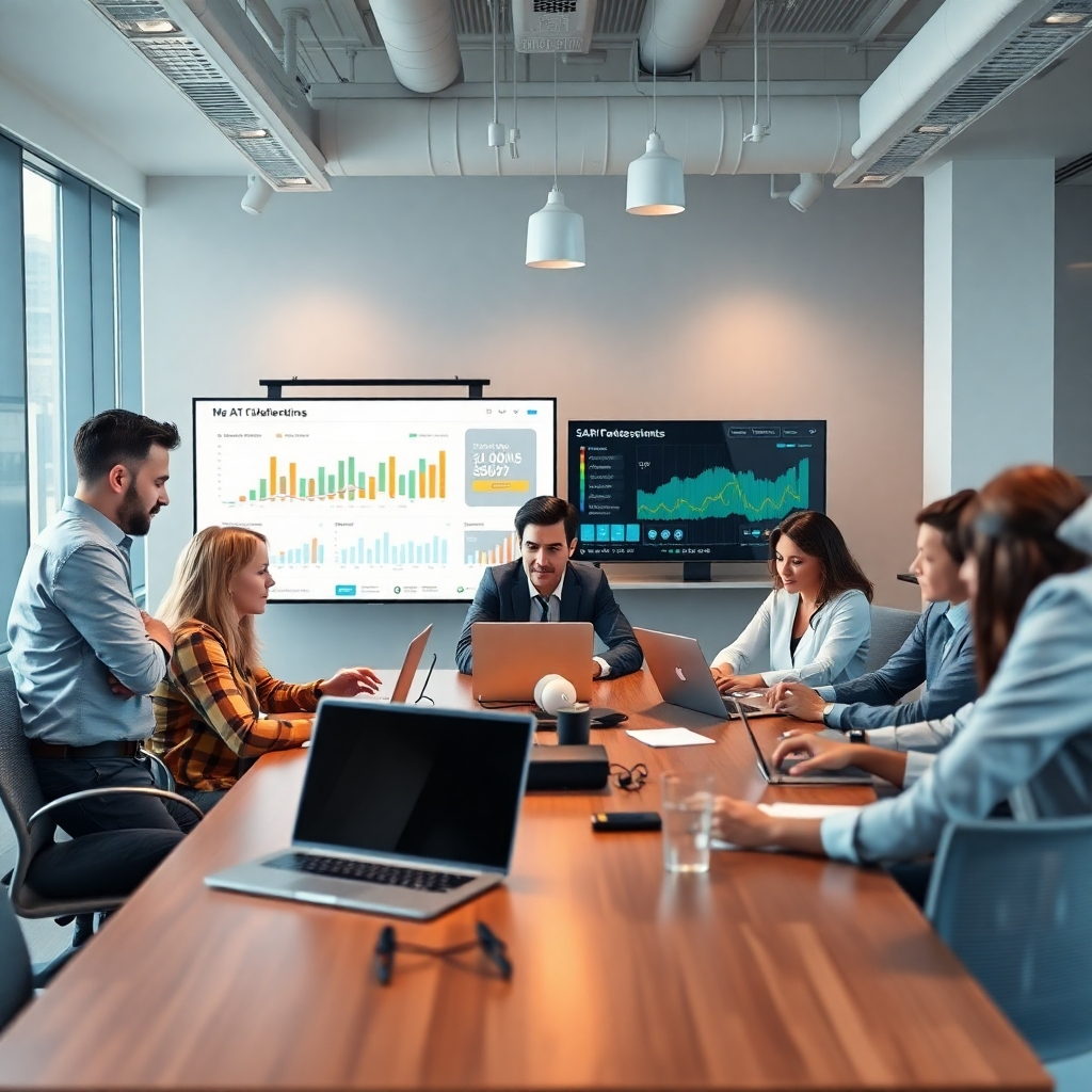 A diverse team of professionals in a modern office setting, collaborating around a large table with laptops and digital devices. The atmosphere is vibrant and focused, with charts and data visualizations displayed on screens, showcasing teamwork and the use of AI in business processes.
