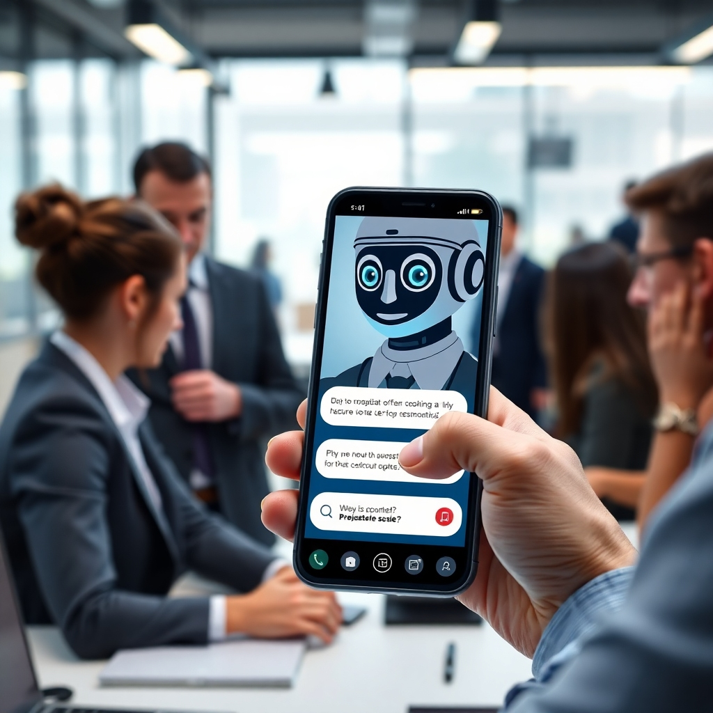 A friendly chatbot interface on a smartphone screen with a candidate asking questions. The background shows a busy office environment with HR professionals engaging with candidates, emphasizing interaction and technology in recruitment.