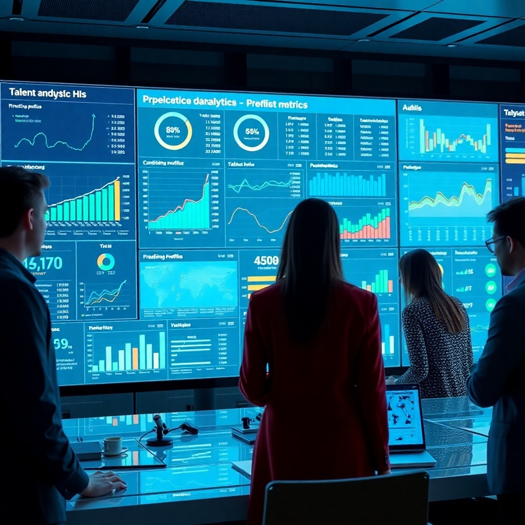 A futuristic dashboard displaying predictive analytics for HR, showcasing talent metrics and candidate profiles. In the background, HR specialists can be seen analyzing data on large screens, surrounded by digital charts and graphs indicating trends and forecasts.