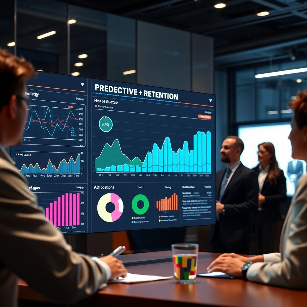 A futuristic digital dashboard showing predictive analytics graphs and charts on employee retention. In the background, HR professionals discuss strategies with engaged employees, symbolizing the effective use of AI in retaining talent.