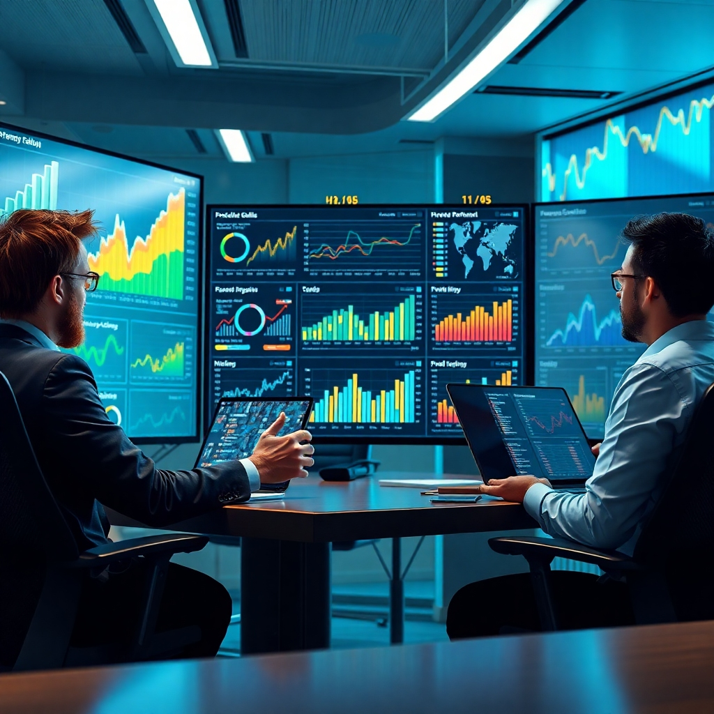 A futuristic office setting where HR managers analyze performance dashboards on large screens, surrounded by data and trend projections. A focus on predictive analytics in a corporate environment, with charts and graphs in the background.