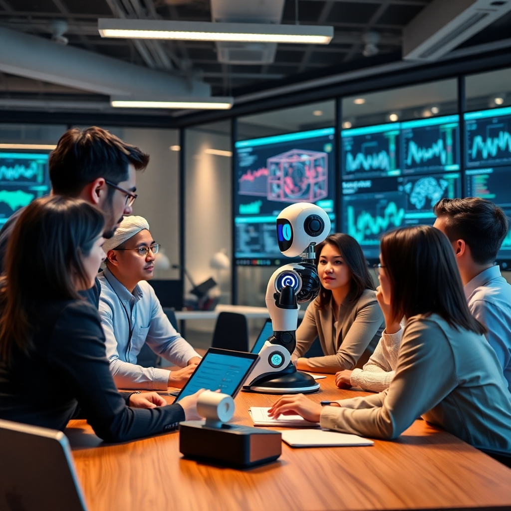 A modern office environment with diverse professionals engaged in a brainstorming session. The room is filled with technology, including screens displaying AI analytics. A futuristic robot assists the team, showcasing the fusion of AI and human collaboration.