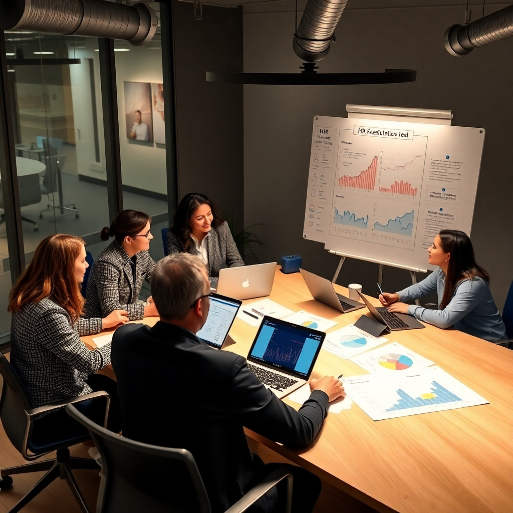 A modern office setting with a diverse group of HR professionals collaborating around a large table, analyzing data on laptops and discussing personalized HR solutions. A whiteboard displaying graphs and customized strategy plans. The atmosphere is dynamic and innovative.