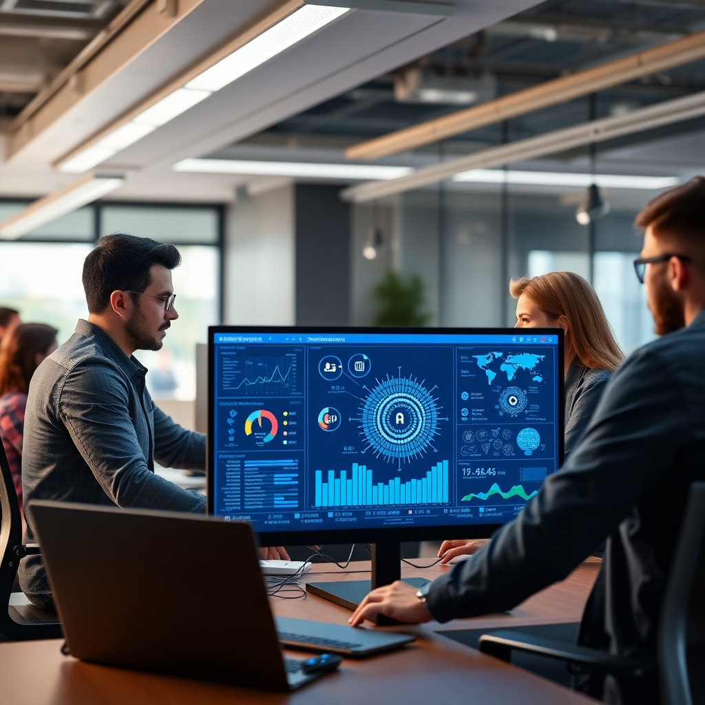 A modern recruitment agency office with a diverse team analyzing data on screens, showcasing AI algorithms on a computer monitor. The atmosphere is collaborative and innovative, with infographic elements representing data analysis, candidate profiles, and AI technology.