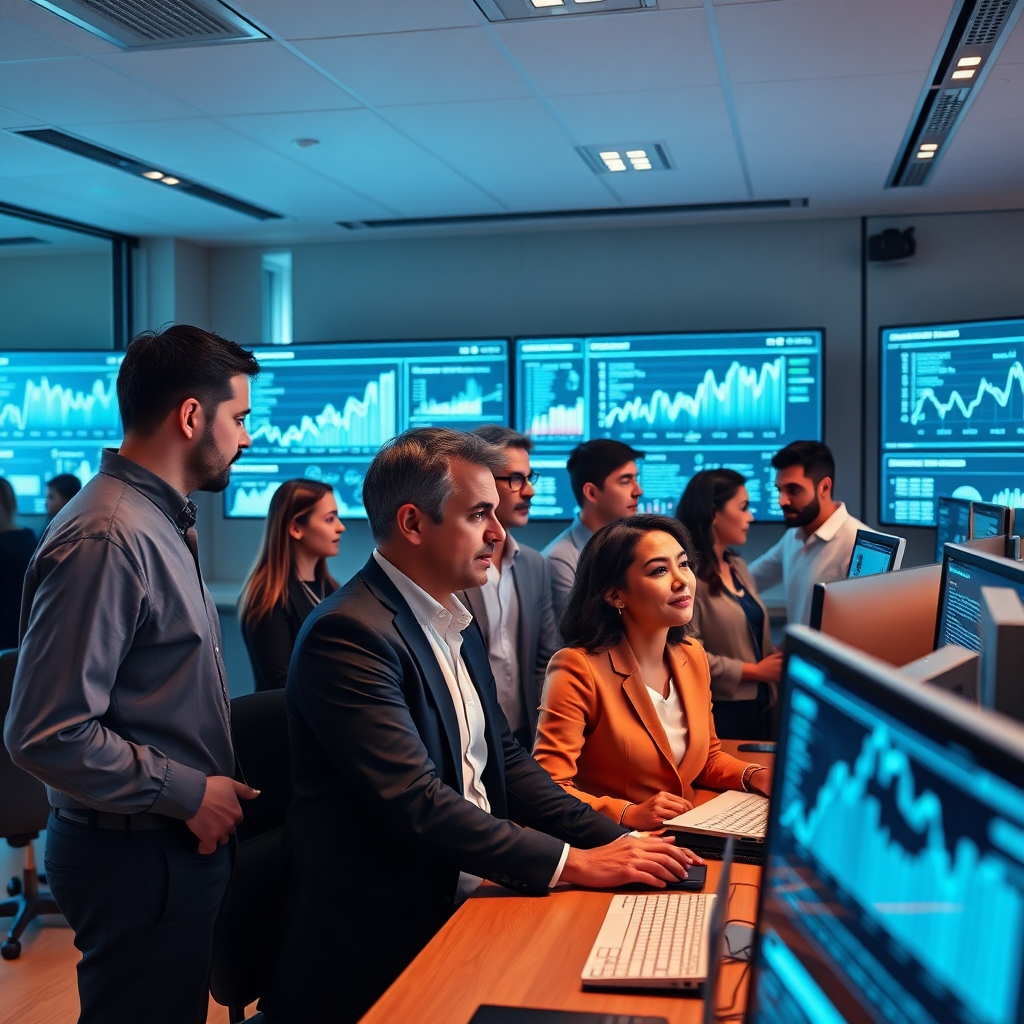 A modern recruitment office where a diverse group of HR professionals collaborates over digital screens showcasing AI analytics. The atmosphere is dynamic with graphs and data visualizations prominently displayed, emphasizing the technology in action.