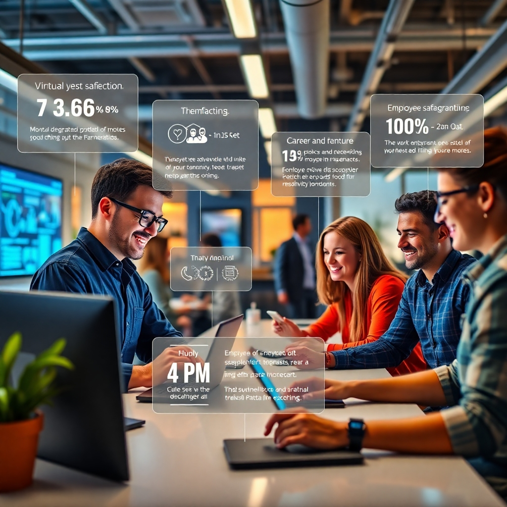 A vibrant workspace featuring happy employees interacting with virtual AI assistance on their devices. The environment reflects a mix of technology and teamwork, with infographics highlighting employee satisfaction and career growth opportunities.