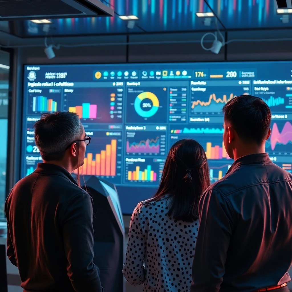 A visually striking image showing a virtual dashboard filled with AI analytics, metrics, and performance indicators in a business setting. A diverse team observes the dashboard, demonstrating their engagement with AI-driven decision-making.