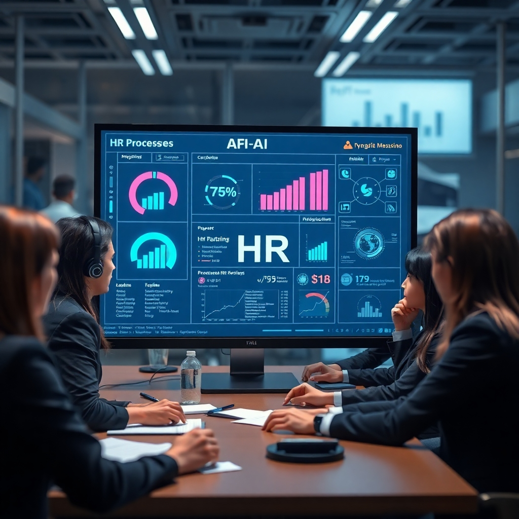 An AI-powered computer interface showing automated HR processes, with visual elements like charts and notifications. In the foreground, a team of HR professionals is engaged in strategic discussions, with machines humbly working in the background, signifying efficiency.