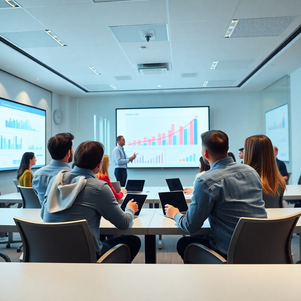 An inspiring training session in a bright, modern classroom where team members engage in learning about AI and HR trends. There are interactive presentations, discussions, and charts on the walls, illustrating growth and innovation in workforce management.