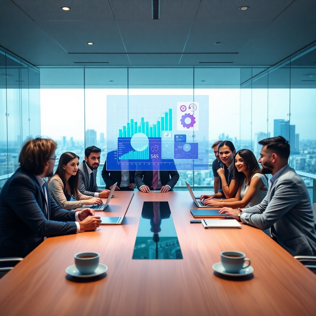 Create an ultra-high definition image depicting a sleek, modern office where a diverse group of professionals is gathered around a futuristic holographic display. The hologram shows dynamic graphs and data analytics in vibrant colors like blue, green, and purple. Utilize soft diffused lighting to convey a collaborative atmosphere. The camera angle is slightly above eye level, capturing both the faces of the engaged team and the impressive hologram. The office has glass walls with a cityscape view in the background, adding depth. Include elements like laptops and cups of coffee on the conference table. The style should be hyperrealistic and ultra-detailed, capturing textures like fabric and metal surfaces. Ensure the image is an 8K resolution and conveys an ambiance of innovation and teamwork.
