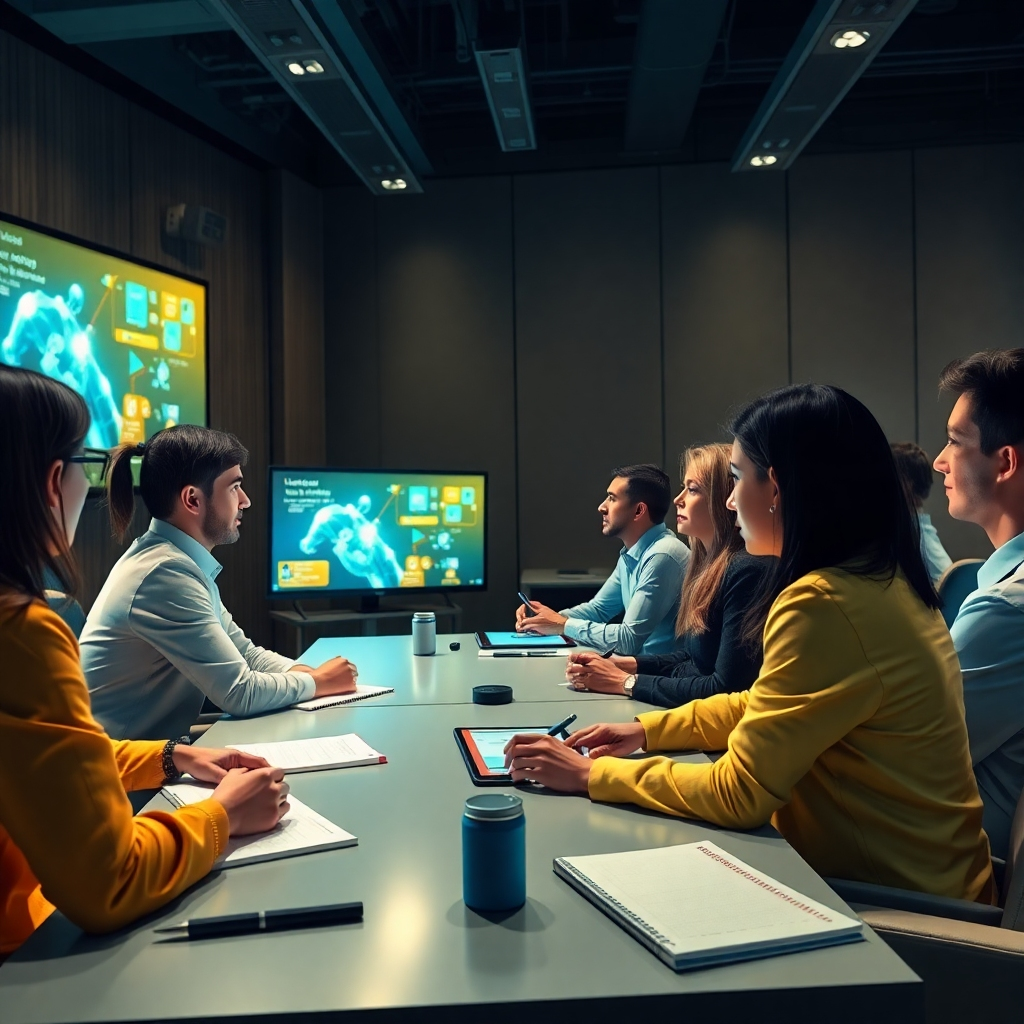 Illustrate an innovative training session where a group of employees is engaged in an immersive learning experience led by an AI educator. The room should be composed of modern furniture and advanced technology, featuring screens displaying interactive content. Use dramatic side lighting to highlight the focused expressions of the participants. The color palette should include inspiring shades of teal and gold, fostering creativity. Capture the scene from a slightly elevated perspective to include both the interactive displays and the attentive learners. Add elements like notebooks, pens, and digital tablets on the tables. The overall style should be realistic yet motivational, with an emphasis on future-forward teaching methods. Ensure the image is 8K resolution, encapsulating the energy of learning and innovation.