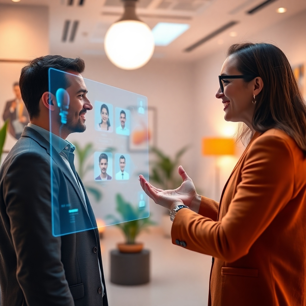 Visualize a state-of-the-art recruitment environment where a friendly recruiter is interacting with an advanced AI-powered interface. The setting should be bright and welcoming, with warm lighting that enhances a sense of professionalism. The camera angle should focus on the recruiter engaged in conversation with the holographic AI assistant, projecting potential candidates’ profiles. The mood should be positive and energetic, with a color palette of soft blues and oranges. Background elements should include motivational posters and plant decor. Highlight texture details in the clothing of the recruiter and the sleek design of the technology. The style should emulate modern corporate photography, presenting the image in 8K resolution for hyperrealistic quality.